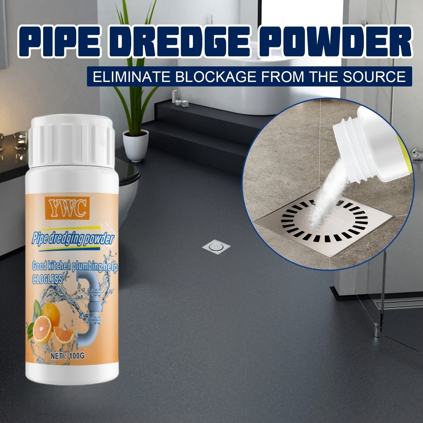 1 piece of Pipe Dredging Powder for effectively dissolving blockages in toilets, toilet floor drains, kitchen sewers, and oil blockages while also deodorizing the area. This multipurpose product is perfect for unclogging toilets, toilet floor drains