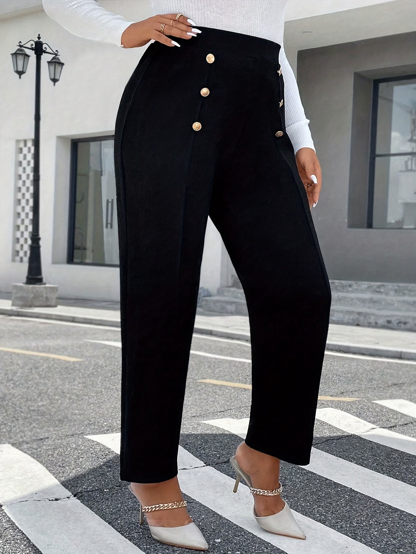 Plus Size High-Waist Straight-Leg Pants with Decorative Buttons - Comfortable Polyester Blend, Machine Washable - Elegant Black Casual Attire