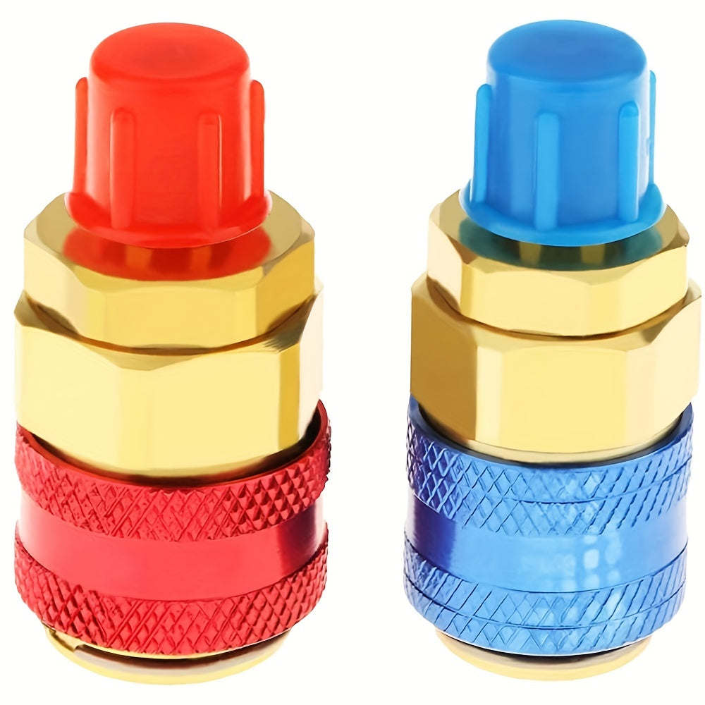 2 pieces of AC R134A quick coupler connector adapters with high and low manifold fittings. These brass adapters are suitable for air conditioning refrigerant systems.