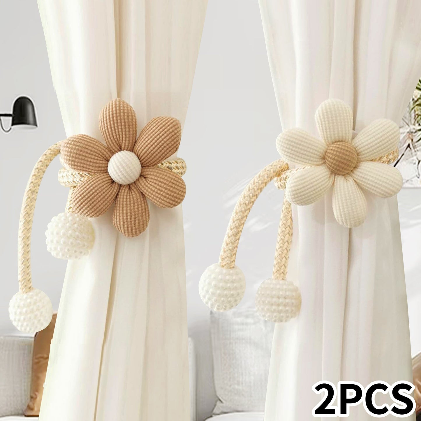 Elegant set of two curtain tiebacks featuring charming cartoon flowers and white faux pearl accents. No drilling required, making them ideal for bedrooms, living rooms, and children's rooms.