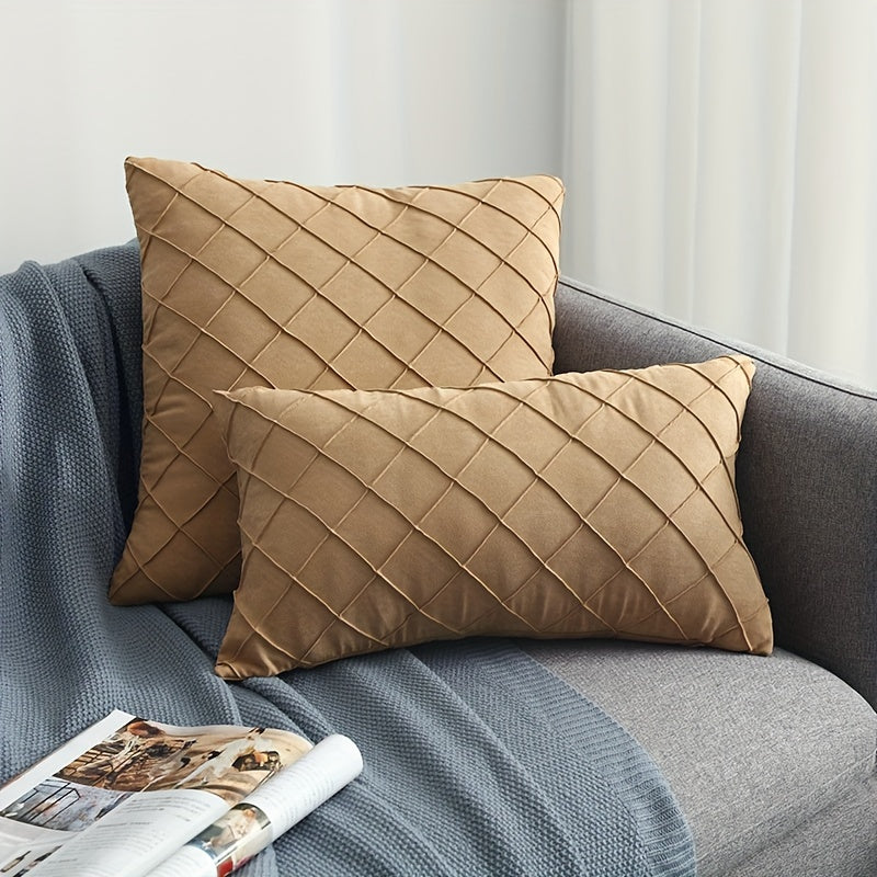 Luxury Nordic Quilted Throw Pillow Cover with Elegant French Style in Soft Suede Fabric. Features Invisible Zipper and is Machine Washable. Ideal for Modern Living Room Decor. Available in Square and Rectangle Sizes.