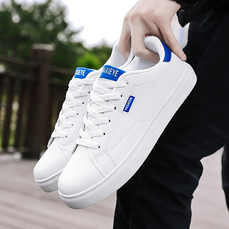 Men's casual skate shoes with solid color, low top lace-up design, PU upper, fabric lining, EVA insole, and rubber sole. Versatile for spring/summer and fall, suitable for casual wear.