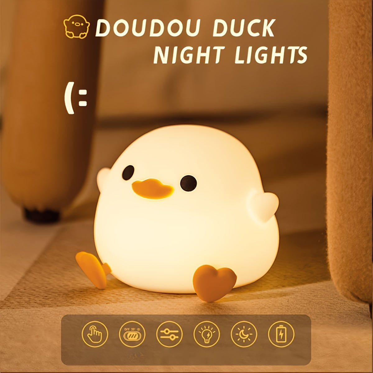 Duck-shaped silicone night light and pat lamp: Soft, eye-safe USB rechargeable bedside light for cozy room decor.