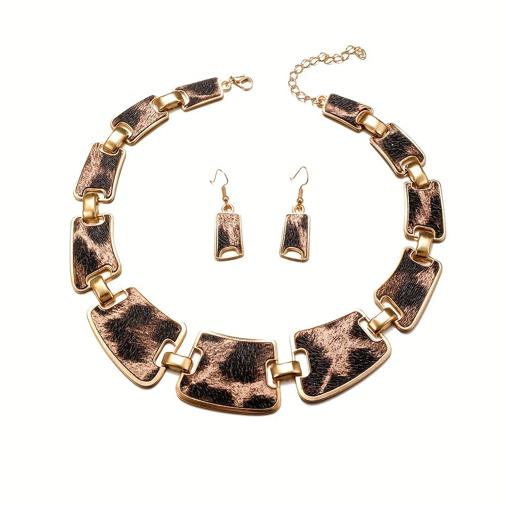 Set of 3 Leopard Print Earrings and Necklace, Fashion Jewelry in 18k Gold Plating, Perfect for Daily Outfits and Night Club Decor