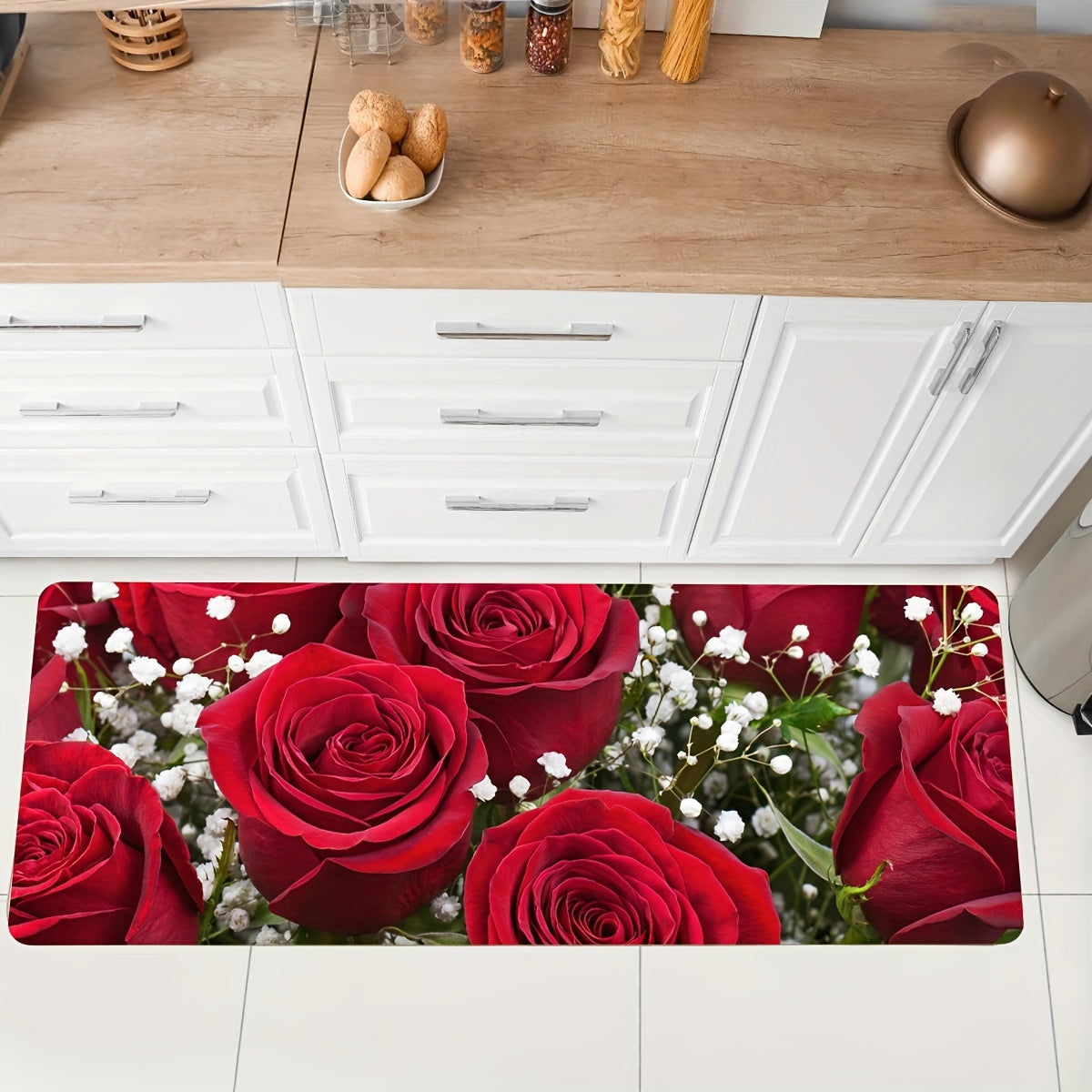 Soft premium rose flower kitchen mat made of anti-fatigue polyester, suitable for entryway, bedroom, living room, and more. Easy to clean as it is machine washable, perfect for home decor, balcony door carpet, and sink area.