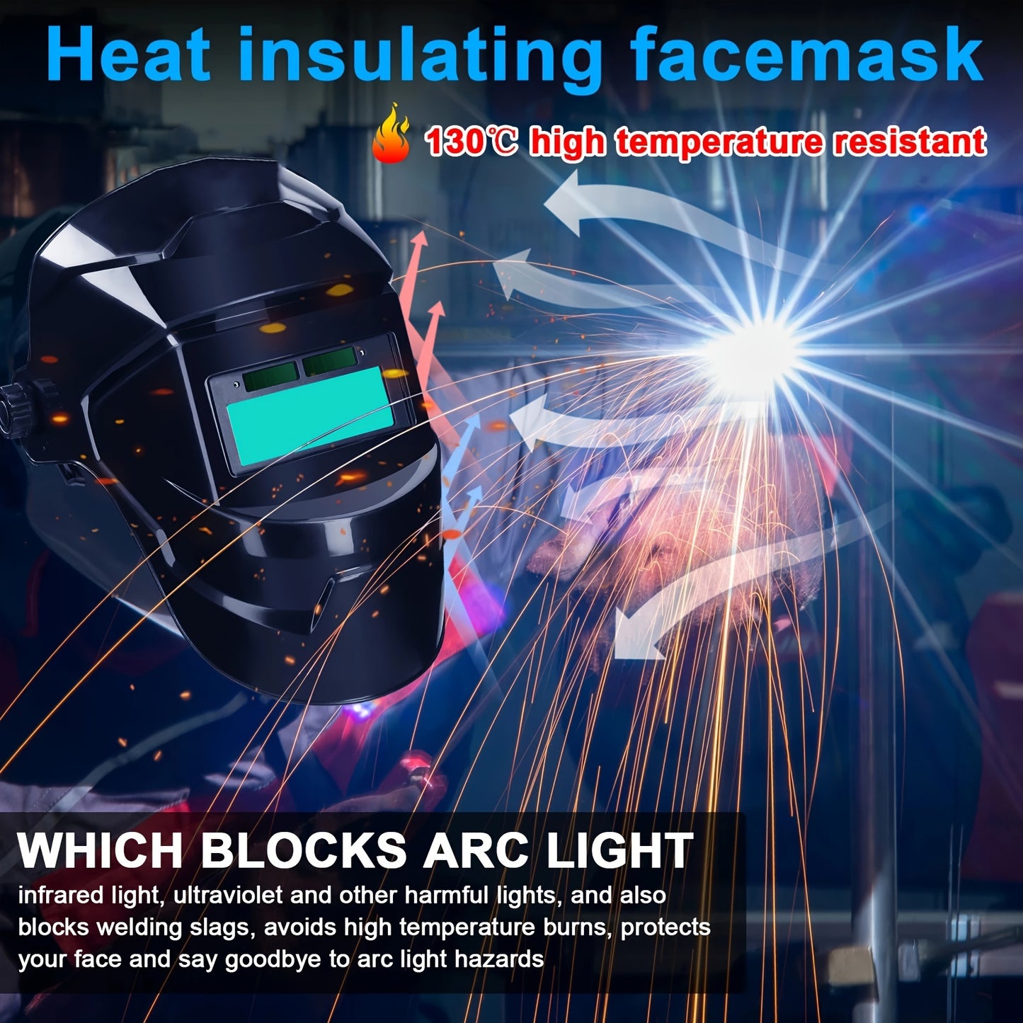 Automatic dimming LED welding face mask provides high-temperature resistance and 180° defense for welding activities.