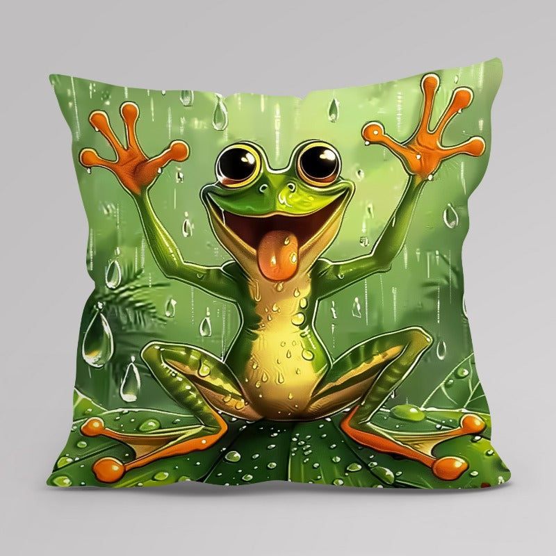 Decorate your home, office, or party with this 45.72x45.72 cm Modern Abstract Frog in Rain Design Throw Pillow Cover. Made of soft, machine washable polyester with a convenient zipper closure, this frog pillow is comfortable and suitable for various