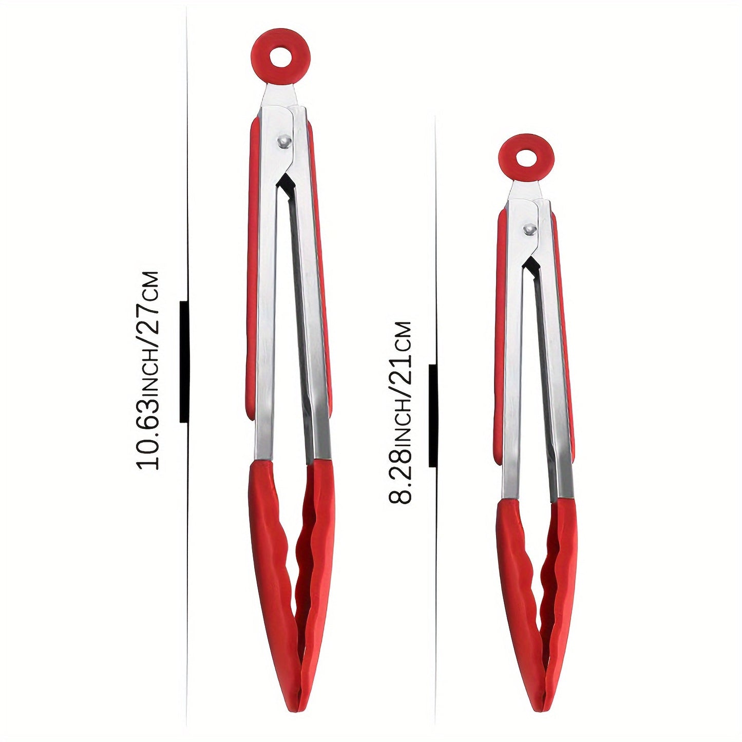 Black and red stainless steel kitchen tongs with heat-resistant silicone tips, available in three sizes (20.32 cm, 27.94 cm, 33.02 cm). These food clips feature a pull lock and non-scratch silicone tips, making them ideal for use with air fryers and