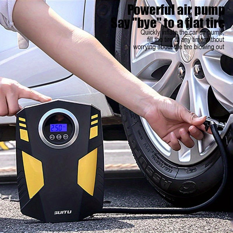 Portable tire inflator with digital gauge, LED light, and safe night use for cars and bikes.