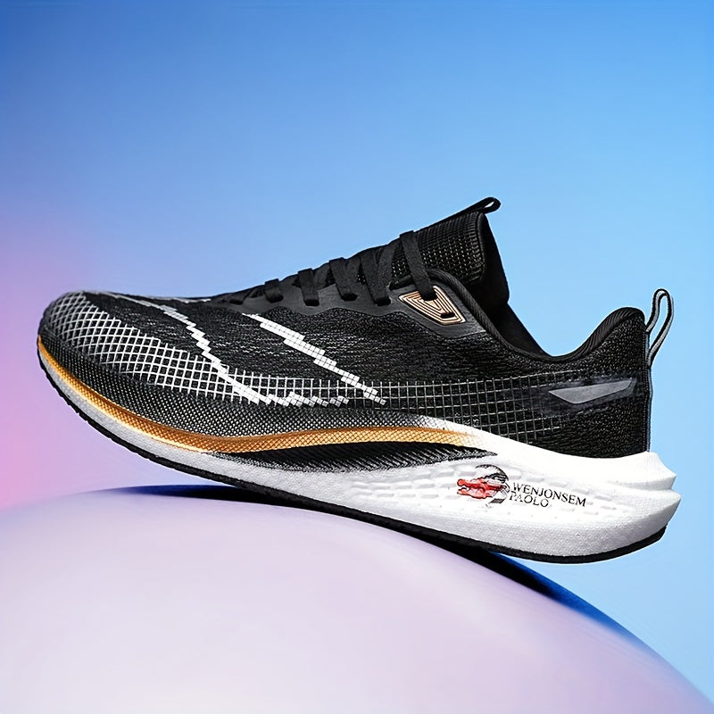 Men's road running shoes with breathable fabric upper, stripes, low-top design, lace closure, rubber sole, and lightweight minimalist design. Suitable for daily, casual, and running