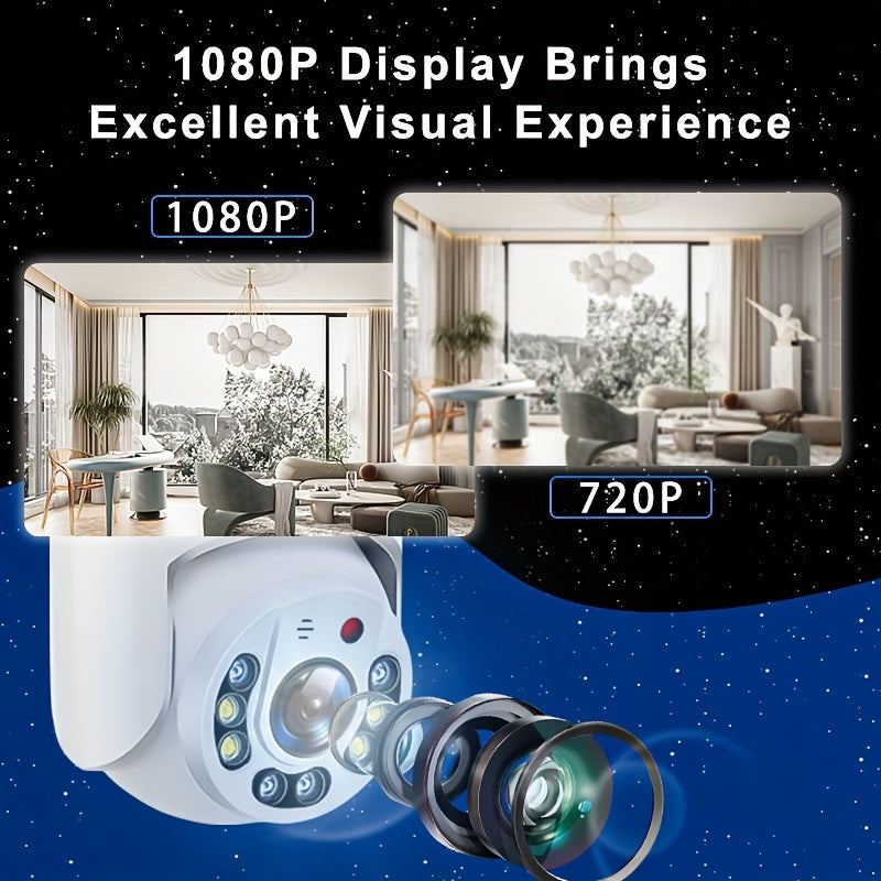 Ensure the safety of your smart home with the Smart Outdoor Security Camera. This camera features 2.4GHz WiFi connectivity, IP66 waterproof rating, AI human detection, 355° panoramic view, two-way audio, and USB charging capability. It is an essential