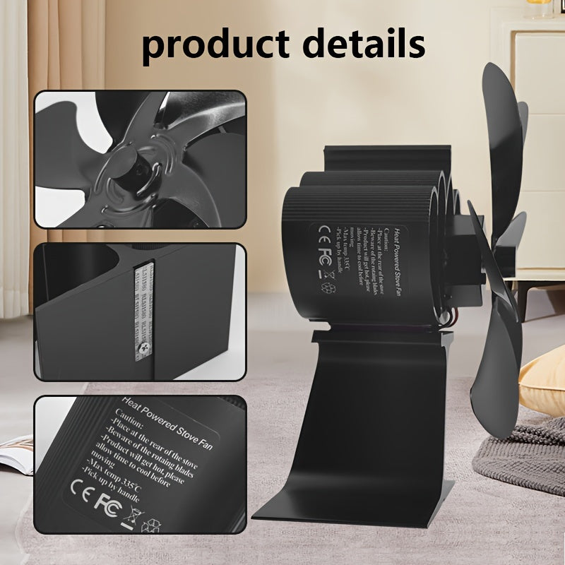 Durable 6-Blade Aluminum Stove Fan with Sleek Black Design - Quiet and Energy-Efficient Wood Stove Accessory for Enhanced Air Circulation, Adjustable Stand Included - Ideal for Home Heating and Stove Top Protection.