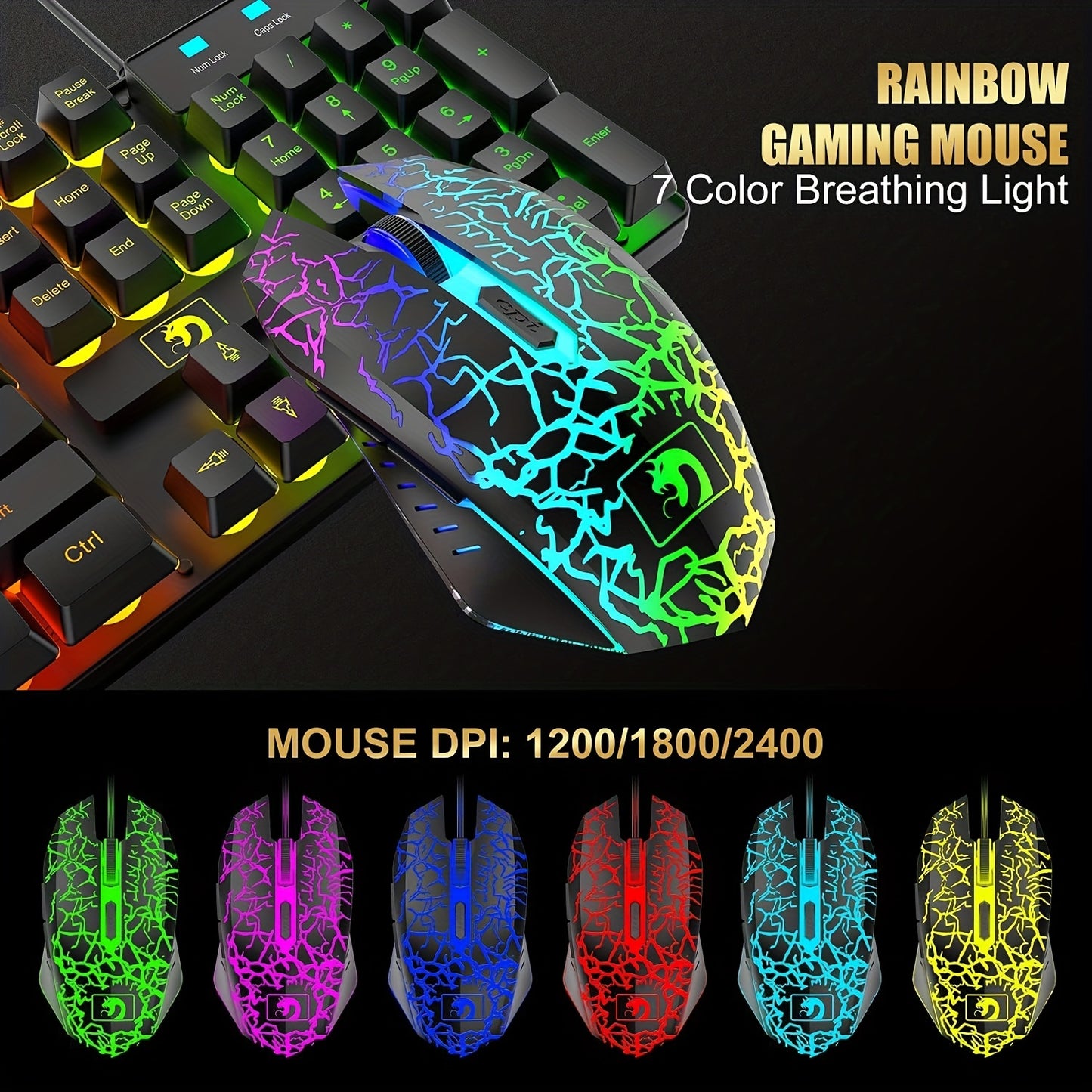 Black Wired Gaming Keyboard and Mouse Headset Combo with Rainbow LED Backlit Keyboard, Over Ear Headphone with Mic, Rainbow Backlit Gaming Mice, Mouse Pad for PC, Laptop, Mac, PS4, Xbox.