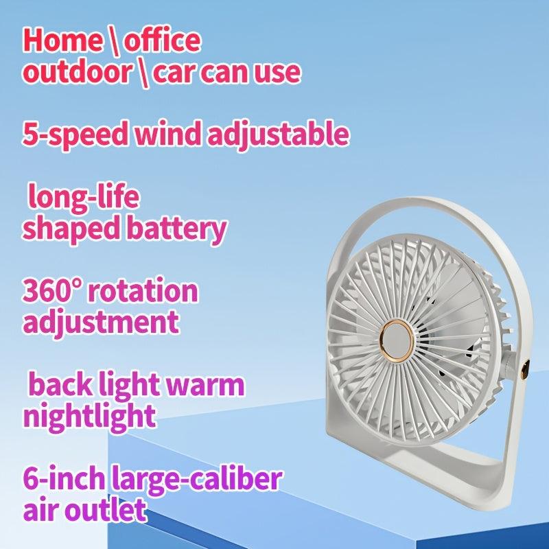 Compact LED table fan featuring a backlight, 6-inch size perfect for personal use. Rechargeable via USB with a long-lasting 1200mAh lithium battery for quiet operation. Great for office, fishing, camping, and travel. Makes an ideal gift for Father's Day