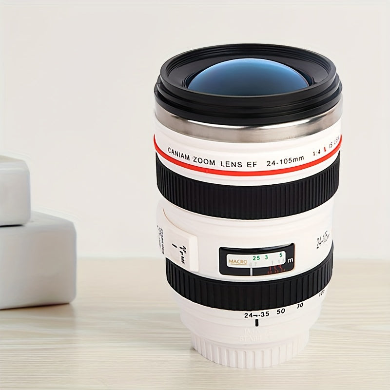 Stainless steel camera lens coffee mug with retractable lid, realistic SLR design. BPA-free ABS plastic. Ideal gift for photographers. Multipurpose travel cup. Hand wash only. Novelty drinkware.