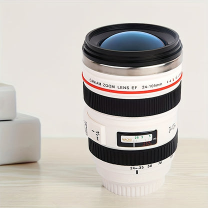 Stainless steel camera lens coffee mug with retractable lid, realistic SLR design. BPA-free ABS plastic. Ideal gift for photographers. Multipurpose travel cup. Hand wash only. Novelty drinkware.