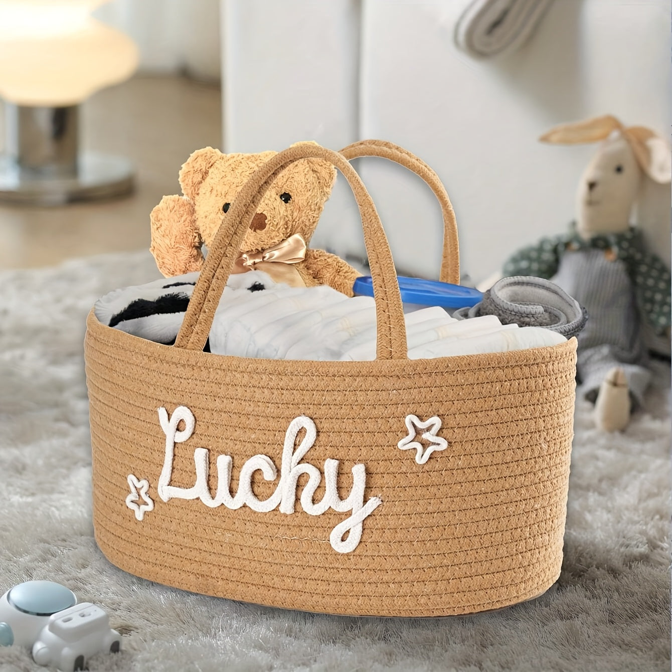 Storage basket made of cotton rope with lettered design, featuring a detachable inner basket for separating dry and wet items. Can be used as a hand-held storage solution.