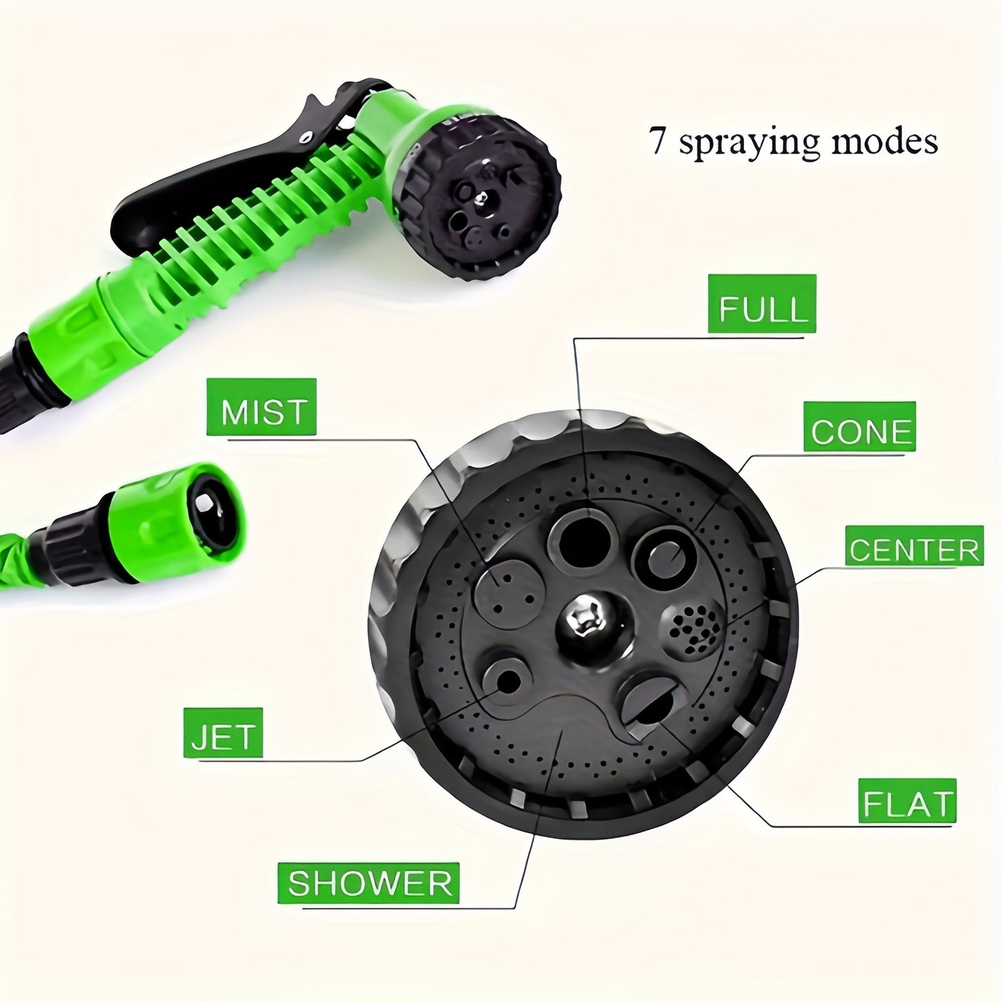 Flexible green garden hose set with high-pressure nozzle and connector for various outdoor uses such as watering, car wash, and pet cleaning. Available in lengths of 22.86m, 30.48m, and