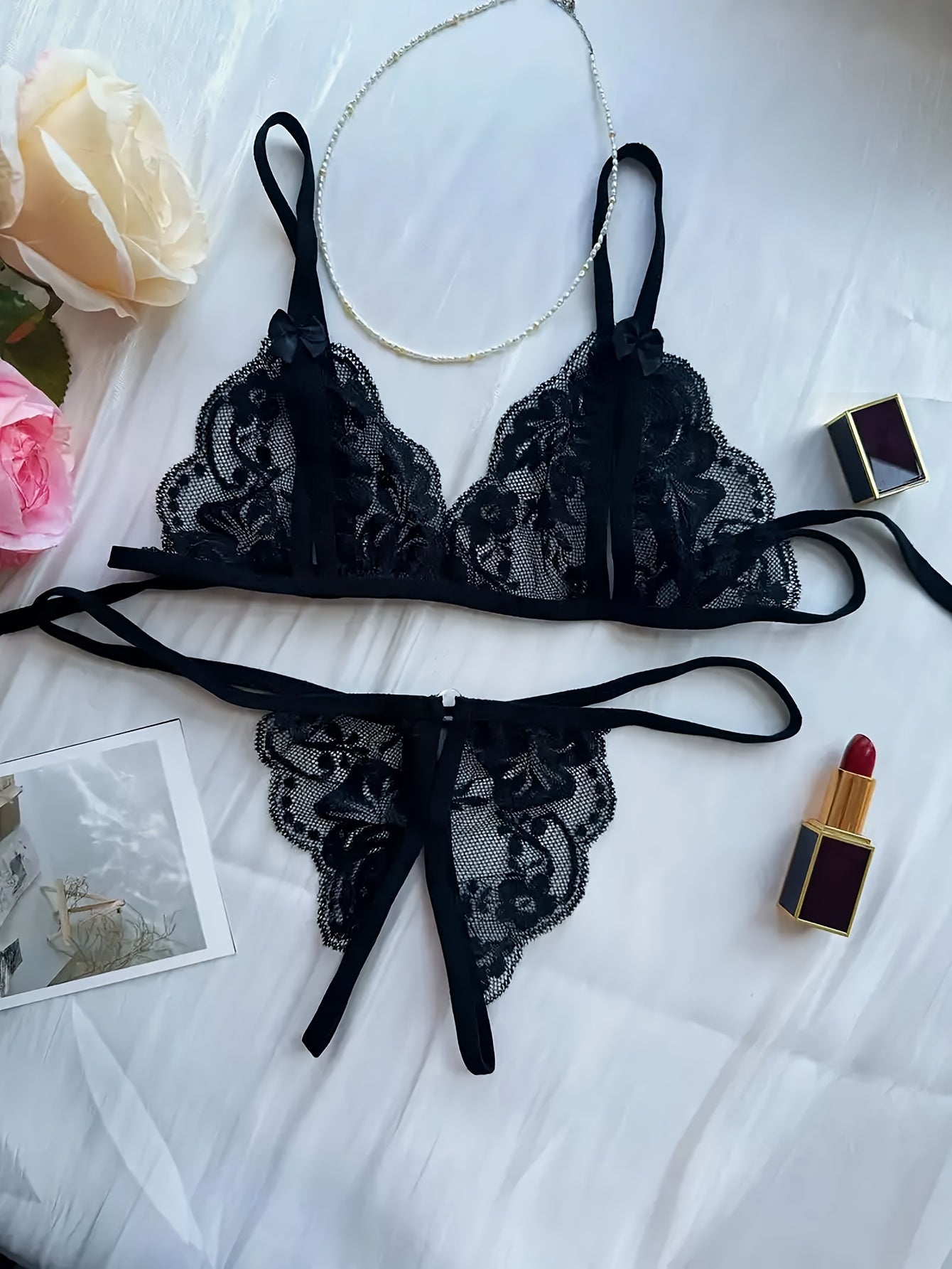 Women's Sexy Deep V-Neck Hollow Out Lingerie Set with Bra and Thong.