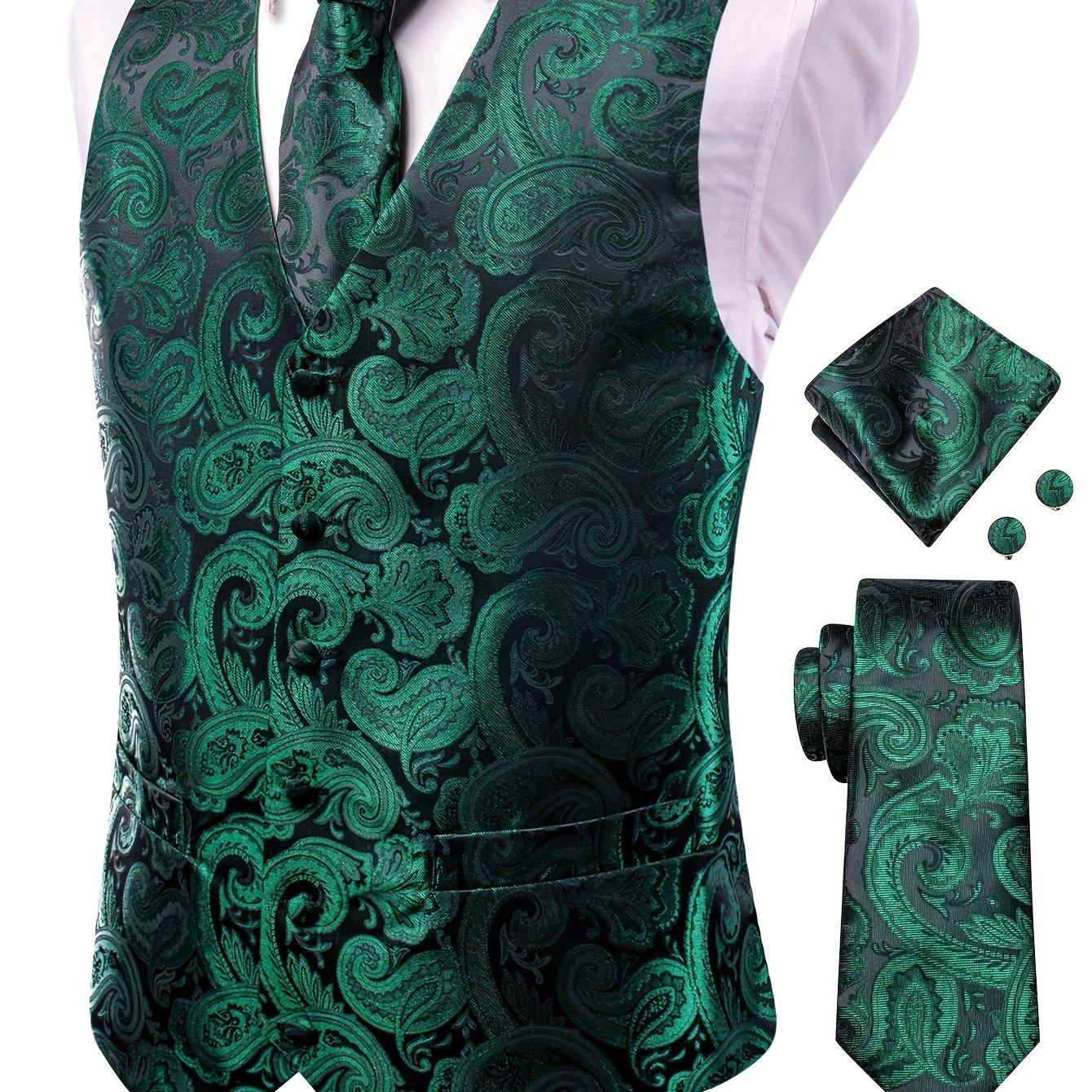 White paisley pattern accessories for big men: waistcoat, necktie, hanky, and cufflinks