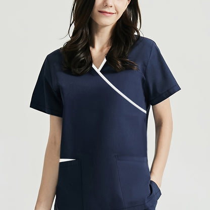 Medical Care Scrub Set with Contrast Trim, V Neck Short Sleeve Top & Pants, Women's Outfits