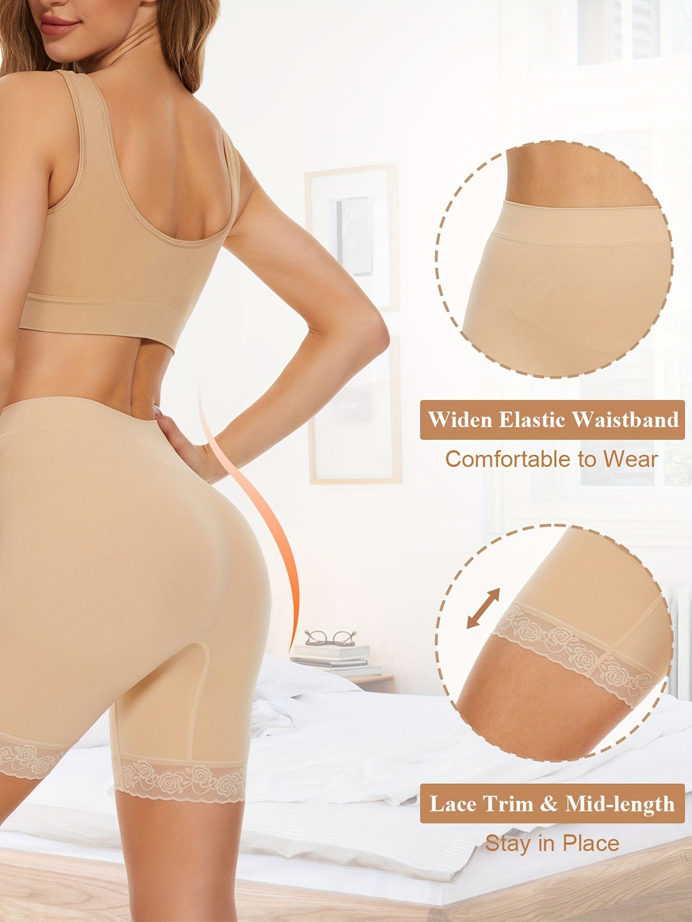 Seamless lace-trimmed chub rub shorts for women with high waist, anti-chafing properties, and made from a stretchy nylon/elastane blend, perfect for dresses and skirts.