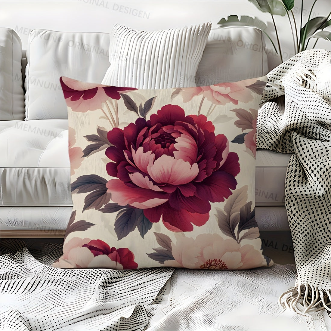 1 piece Floral Peony Print Polyester Pillow Cover, 44.98x44.98 cm, Zipper Closure, Hypoallergenic, Machine Washable, Elegant Sofa Bedroom Decor, Insert Not Included