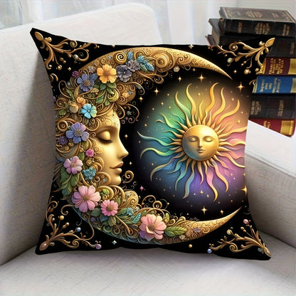 Bohemian-style celestial sun and moon pillow cover, 44.96x44.96 cm, machine washable polyester knit fabric, ideal for home and bedroom decor. Zippered decorative cushion cover, perfect for living room. Architectural collectible accessory (pillow insert