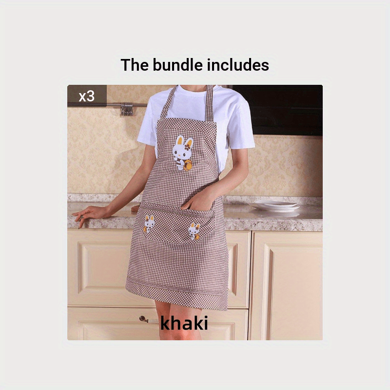 Adjustable blue & white checkered apron with cute rabbit design. Features pockets and is made of oil & dirt resistant polyester, suitable for chefs, gardening, cooking and baking. Lightweight.