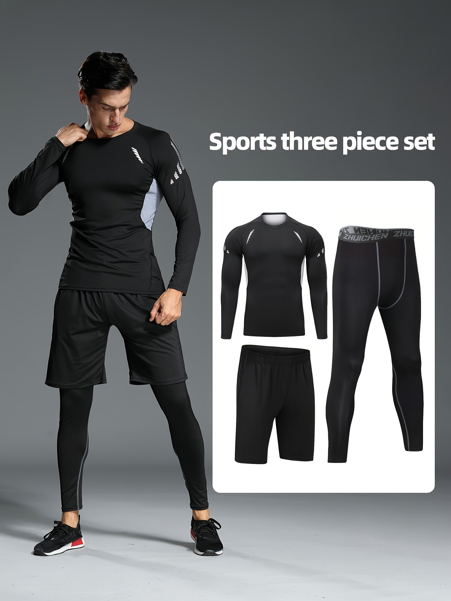 Men's 3-piece Athletic Set, Quick-Dry Polyester Kit with Crew Neck Top & Leggings, Medium Stretch Knit Fabric, for Various Sports - Spring/Fall Season