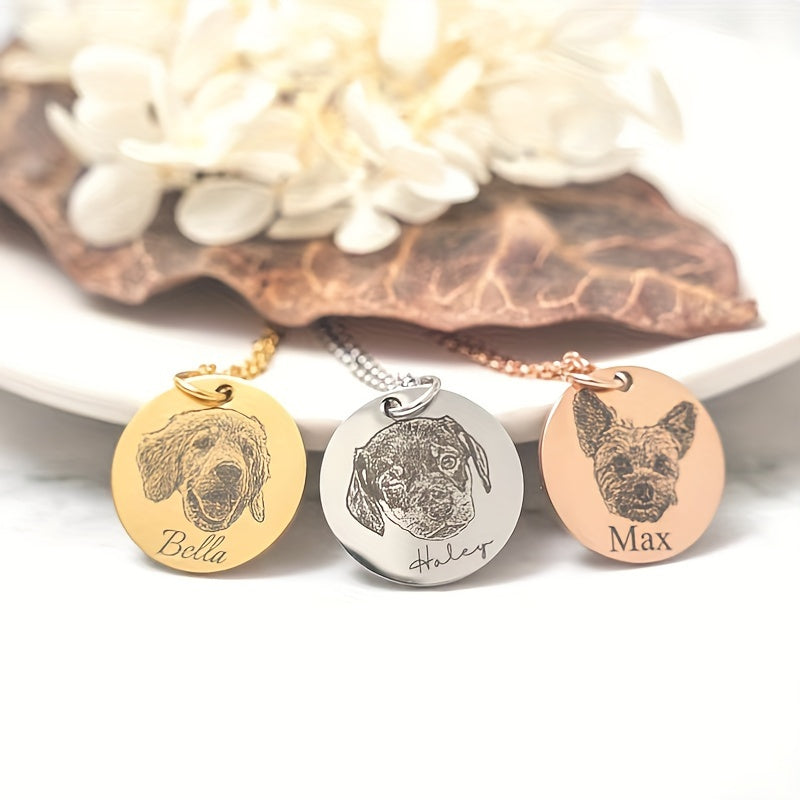 Personalized pet portrait jewelry and necklaces, featuring custom pet photos of dogs and cats.