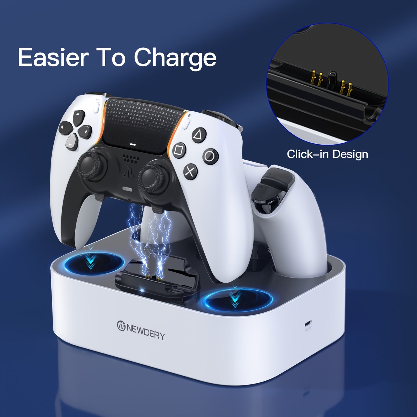 Newdery USB charging dock for PS5 and DualSense Edge controllers, fast 2.5h charging station with LED indicator, compatible stand for PlayStation 5 gamepad, durable plastic material, no