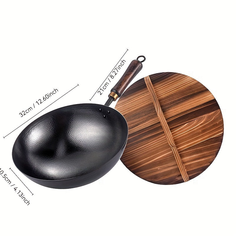 Durable 32.0cm Thick Cast Iron Skillet - Non-Stick, No Coating, Round Bottom Wok for Gas Stove Top & Induction Cooker - Ideal for Stir Fry & Cooking