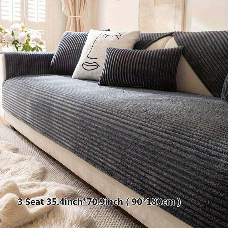 Thick plush sofa cover with stripes for winter, non-slip and anti-dirty. Modern style for home protection and decoration.