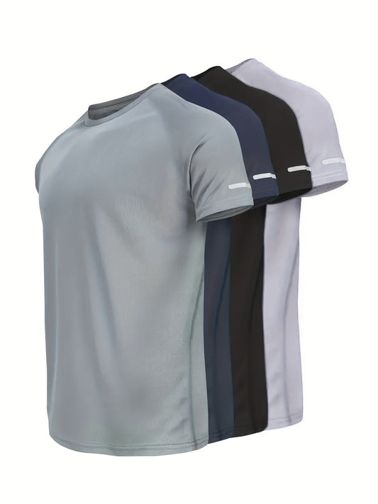 4 Men's Solid Sports T-shirts with Reflective Strips, Breathable and Quick Dry, Perfect for Gym and Running