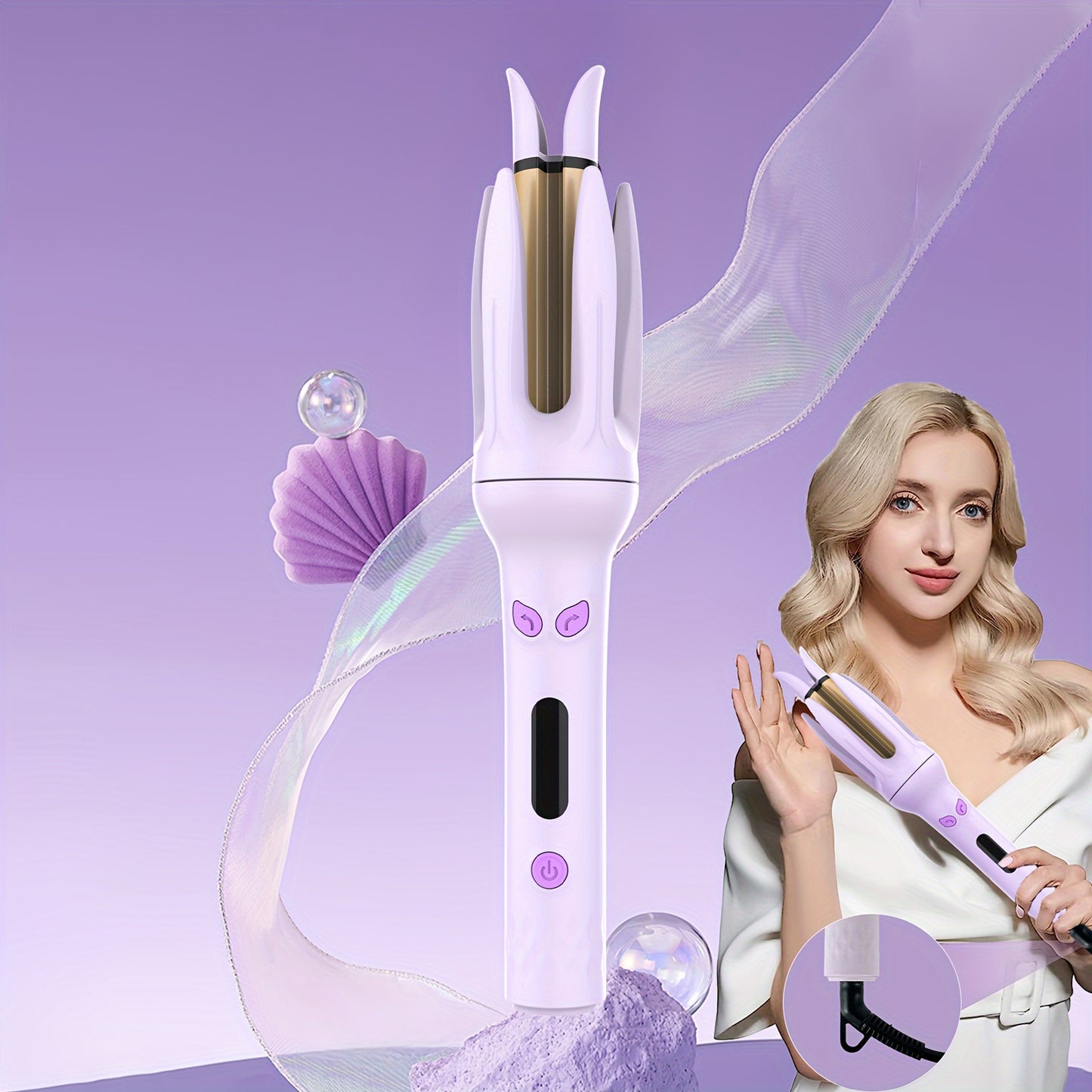 GENAI 28mm Large Barrel Automatic Hair Curler with 4 Temperature Modes, Negative Ion Generator, Timer & Auto Shut-Off, Stylish Purple & Golden Design for Easy Use by Women.