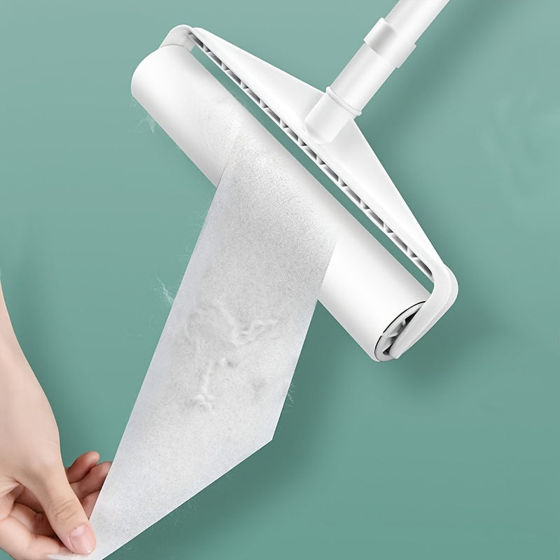 Long-handled pet hair removal roller designed for ergonomic use, with tearaway sticky sheets for effortless cleaning. Perfect for removing dust from sofas and carpets without the need for power.