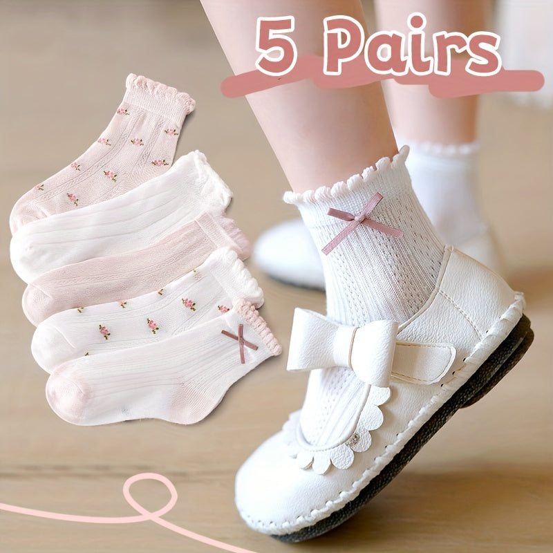 5 girls' mesh socks with bowknots - floral pattern, ideal for spring/summer