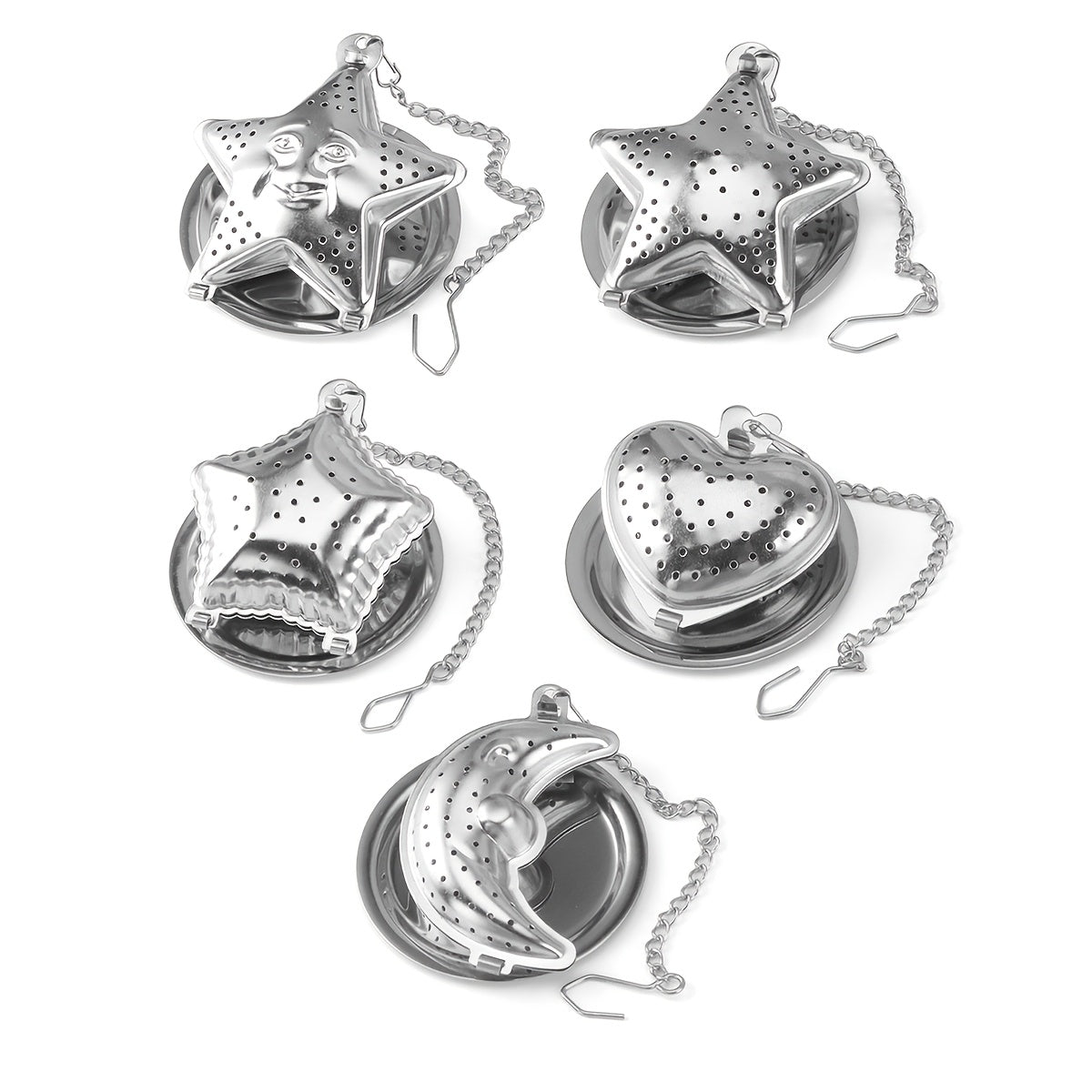 Set of 1 Stainless Steel Hanging Cup Filter Tea Ball with Tray, Available in Heart, Star, and Moon Shapes. Perfect for Ramadan Tea Time. These Creative Tea Balls in Various Shapes are Ideal for Office, Kitchen, Baking, and Special Occasions like Ramadan