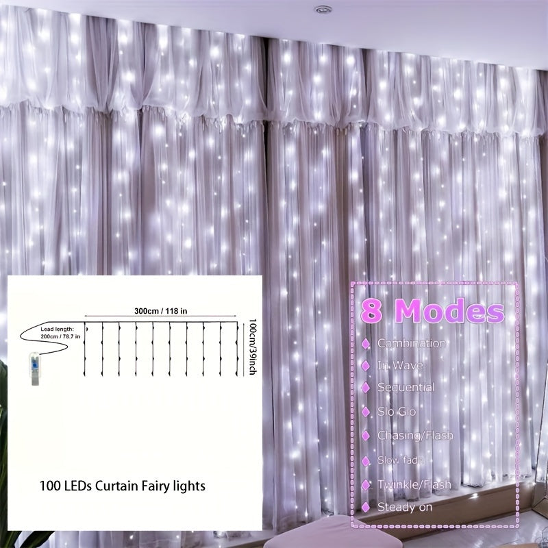 1pc Fairy Lights Curtain with 8 Modes Timer Remote, USB Lamps for Bedroom, Backdrop, Wedding, Party, Eid Al-Adha Mubarak.