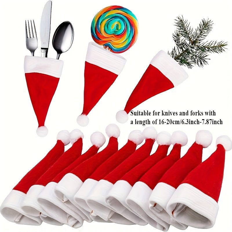 Set of 10 mini Christmas hat cutlery holders in red, ideal for holiday table decor and all-season dining.