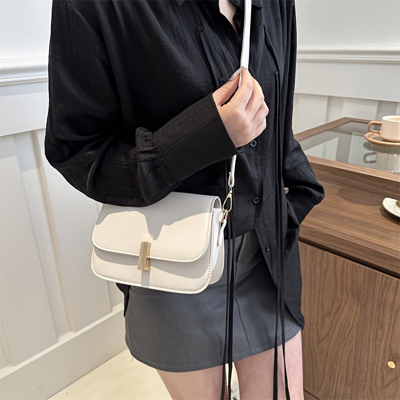 Casual PU crossbody bag for women with adjustable strap, solid color, turn-lock closure, lightweight handbag with French stick lock design at origin Baigou.