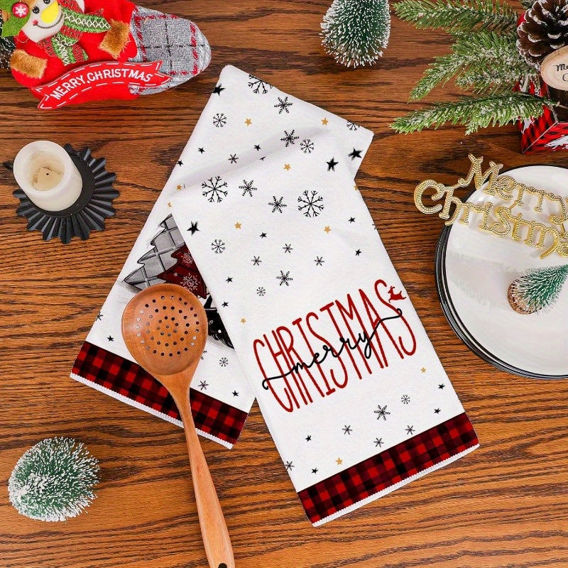 Pair of Christmas kitchen towels featuring Christmas tree design, perfect for dishwashing and festive home decor. These handkerchiefs are ideal for seasonal winter festivals and Christmas tree decorations. Use them as home drying wipes, as they are large