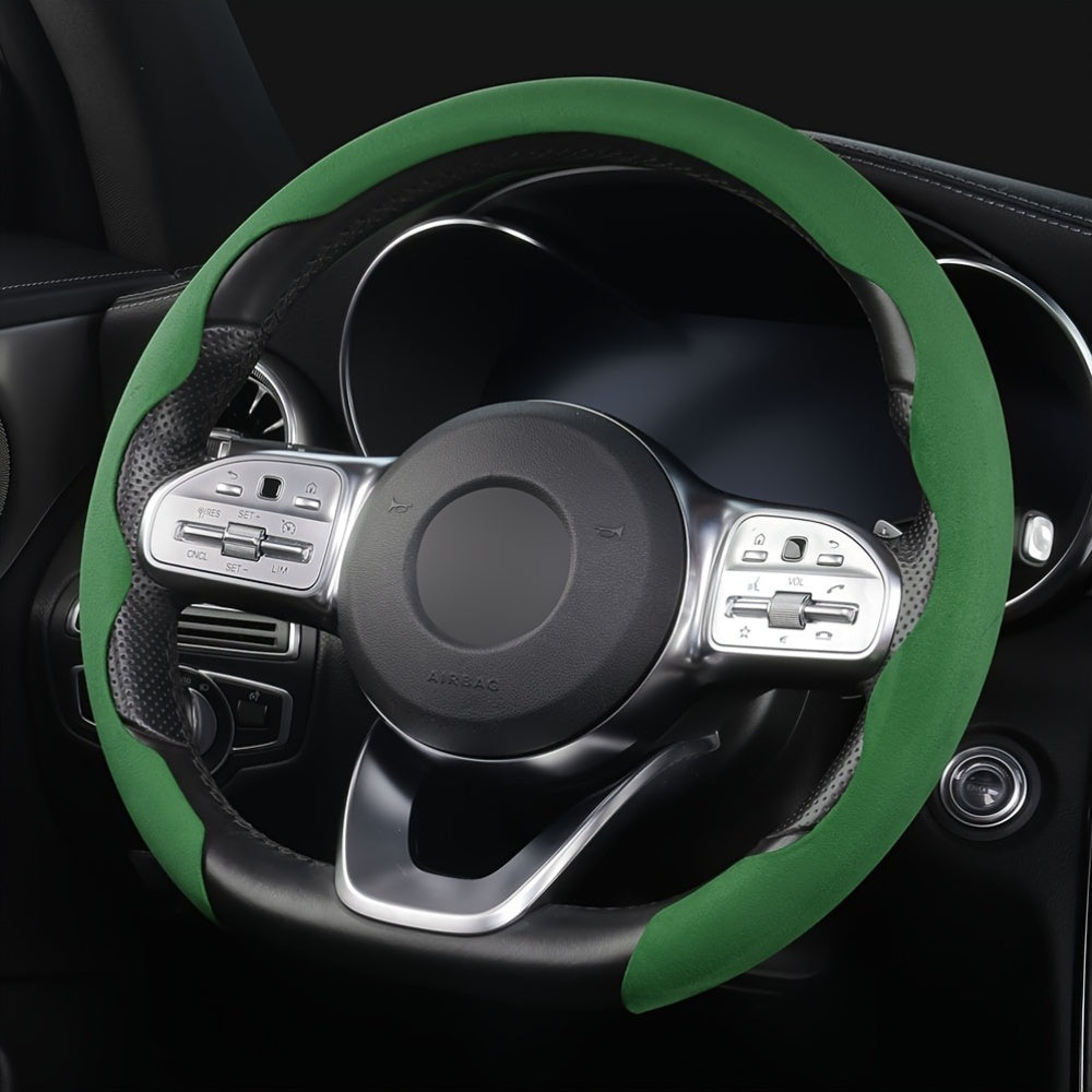 Non-slip, universal steering wheel cover with sweat-absorbing buckle for cars.