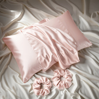 The luxurious satin material 3-piece set includes 1 pillowcase (pillow core not included) and 2 headbands. This modern and simple design is perfect for use in the bedroom, bathroom, or hotel.