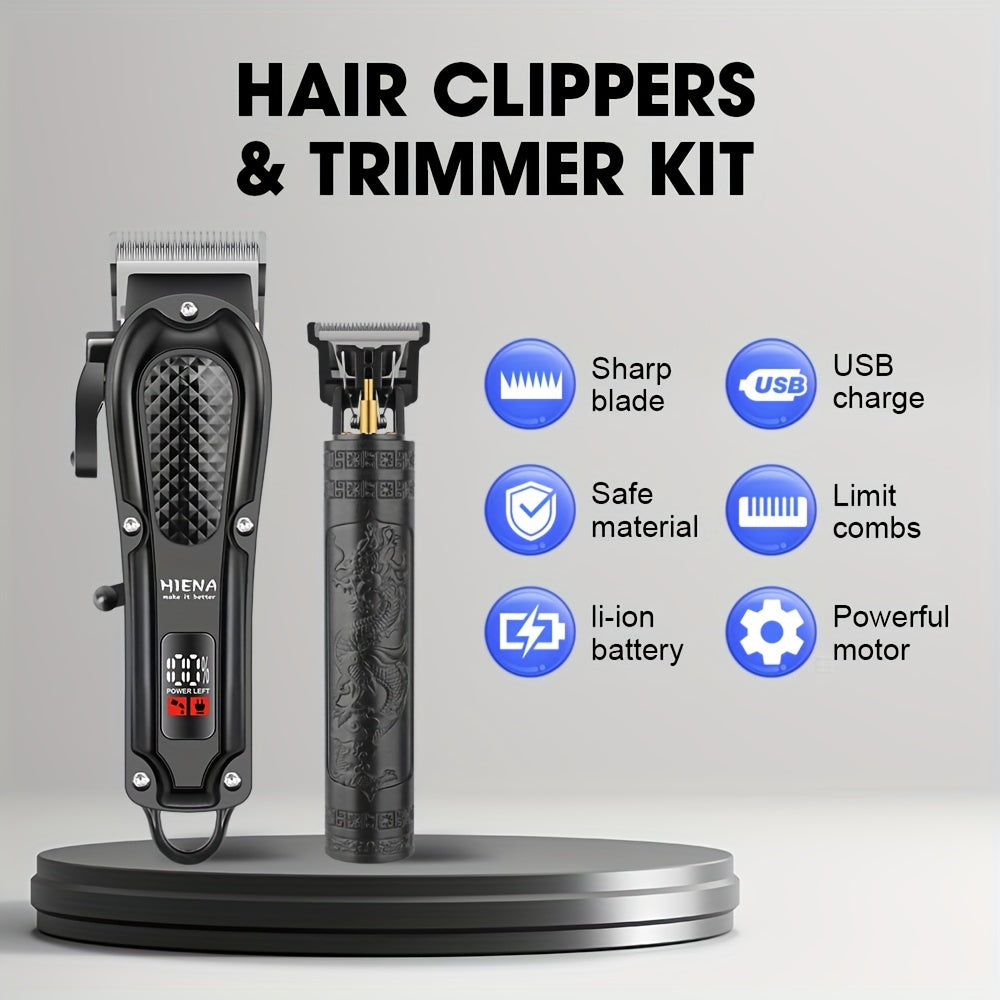 HIENA Men's Two-Piece Electric Hair Clipper with Digital Display and Cordless USB Carving Scissors, Ideal Gift for Men on Father's Day or holidays.