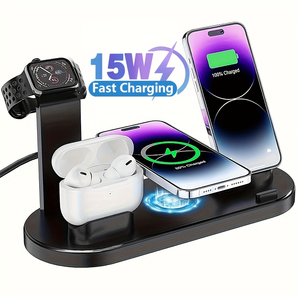 Fast charging wireless charger for iPhone, iWatch, and AirPods.