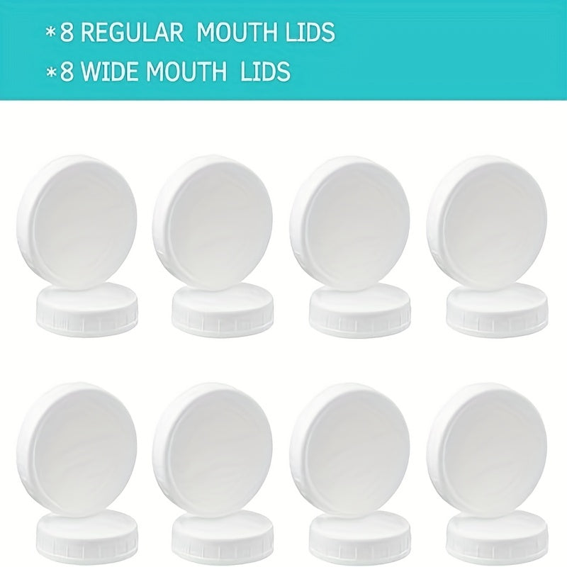 Set of 16 Plastic Mason Jar Lids for Ball, Kerr & Other Brands. White Leak-Proof Caps for Mason/Canning Jars, Essential Kitchen Accessory