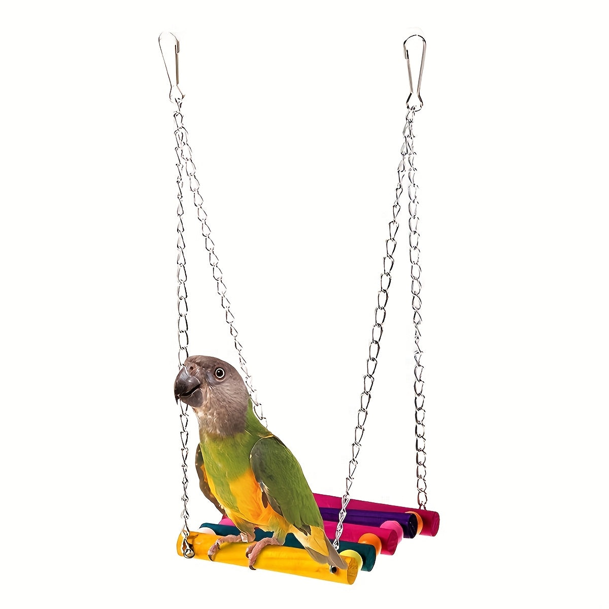 Colorful wooden bird swing toy for parrot perch, chew plaything, and cage accessory.