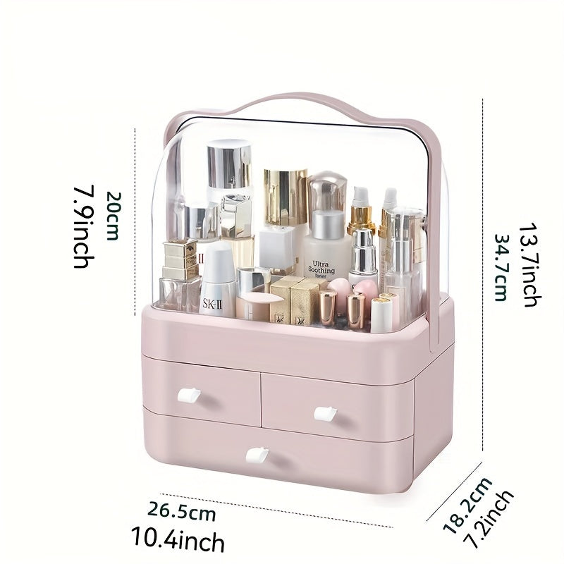 Makeup box with double opening and storage drawer for organizing cosmetics on bathroom countertop.